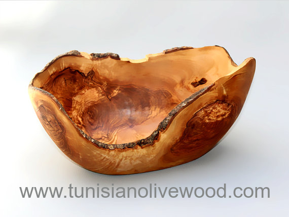 Rustic Olive wood oval fruit/bread Bowl with natural edge from Tunisia
