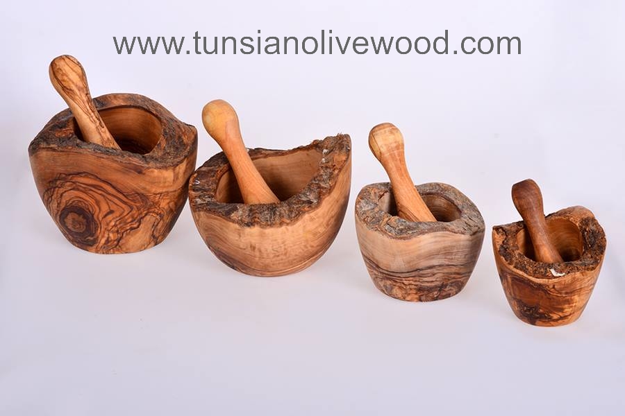 Olive Wood Tunisian Rustic Mortar and Pestle with natural edge.