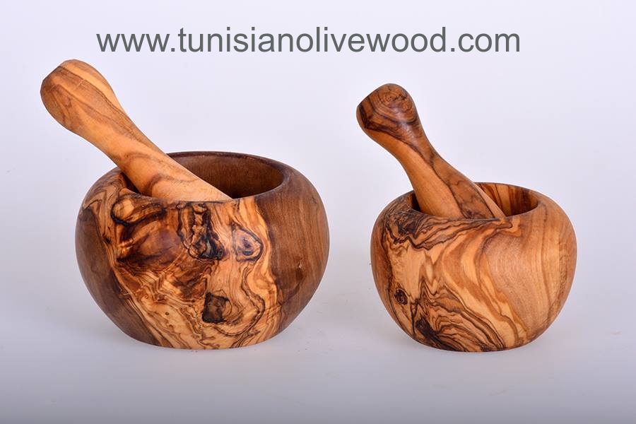 Handmade Olive Wood Tunisian round Mortar and Pestle